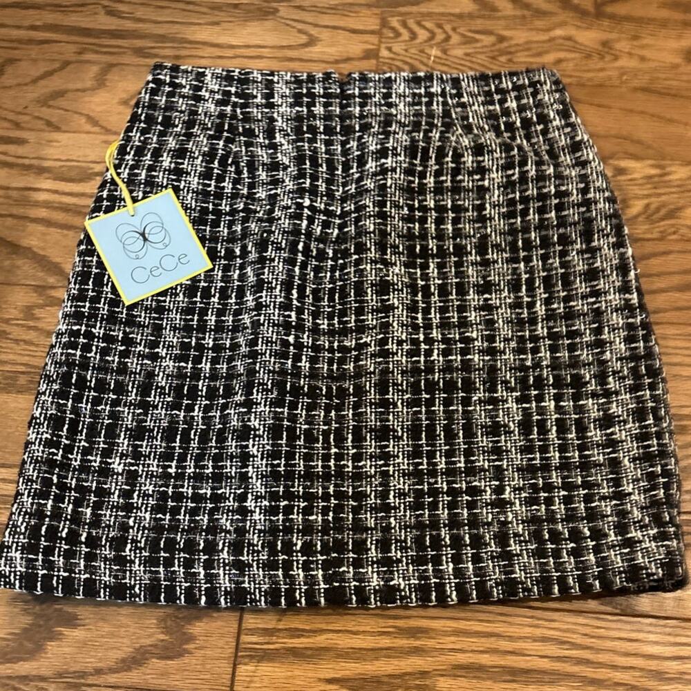 CeCe Womens Tweed Mini Skirt Black White Boucle Tectured A Line Chic Size 2